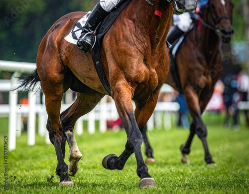 Close-up Action of Brown Horse Galloping on Sandy Arena Track with Rider in Equestrian Competition