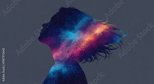 Woman's silhouette with vibrant galaxy colors inside her head representing imagination and creativity on a dark background