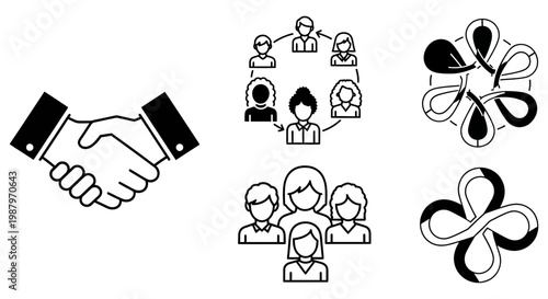 Professional business icons depicting handshake partnership and corporate team work unity