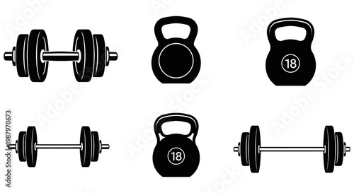 Assortment of gym equipment icons featuring barbells and kettlebells for exercise.