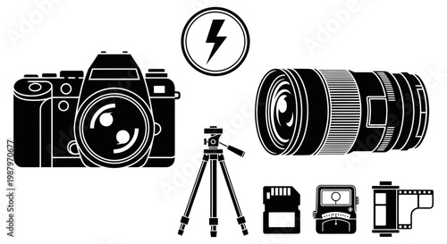 Black and white icons showing essential professional digital photography equipment collection