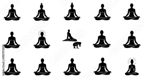 Silhouettes of people practicing various yoga poses in meditative positions daily