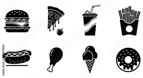 Set of black fast food icons featuring popular tasty snacks