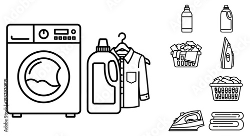 Collection of simple laundry line art icons for household chores