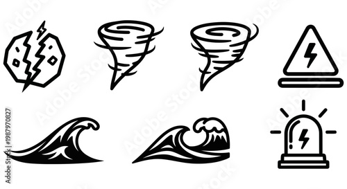 Collection of natural disaster warning icons in a simple style