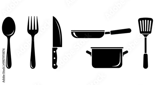 Set of black kitchen utensil silhouettes for cooking and eating food