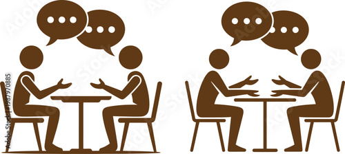 Two pairs of people sitting at tables engaging in conversation or discussion with speech bubbles vector illustration speech bubble problem solving