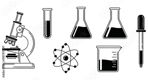 Assorted scientific laboratory equipment icons presented in a flat black style