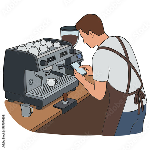 A man prepares coffee at a machine in a cafe environment.
