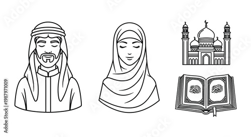Islamic symbols including people a mosque and religious calendar elements