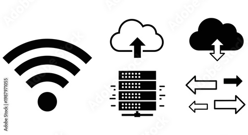 Digital wireless network icons representing cloud computing and server data transfer