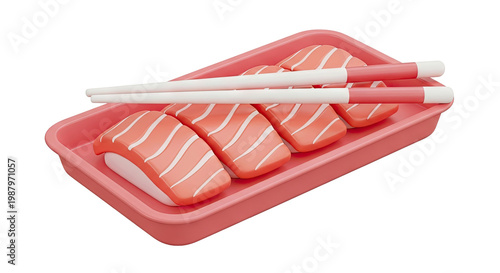 3D Rendered Salmon Slices with Chopsticks in Pink Tray