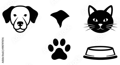 Simple black and white icons of popular domestic animal pets