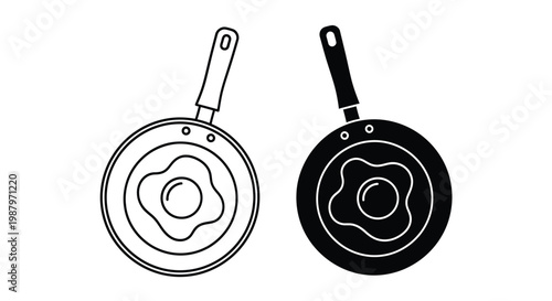 A pair of frying pans with fried eggs are depicted in contrasting black and white styles