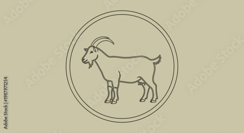 Minimalist Line Art Goat Illustration Icon with Horns in a Circle on a Beige Background, Simple Vector Outline Design