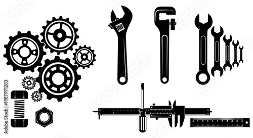 Collection of industrial machine gears and various metal repair tools