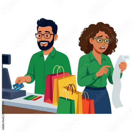 Man and woman shopping checkout with bags and receipt