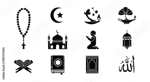 Islamic symbols and religious elements in a black and white collection