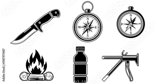 Set of adventure camping equipment icons in black and white style