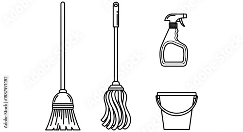 Simple set of household cleaning tools including broom mop and bucket