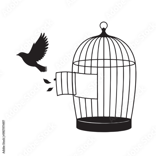 Freedom concept bird flying out of open cage, black silhouette of bird escaping birdcage, liberation and hope vector illustration on white background