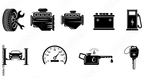 Set of black car repair service icons for automotive business use