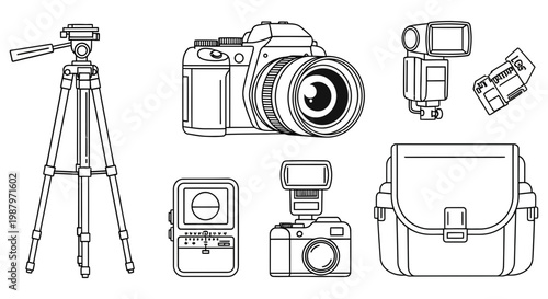 Set of professional photography equipment items drawn in black line art