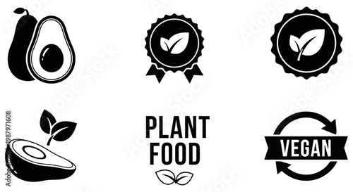 Set of black and white avocado and vegan food icons