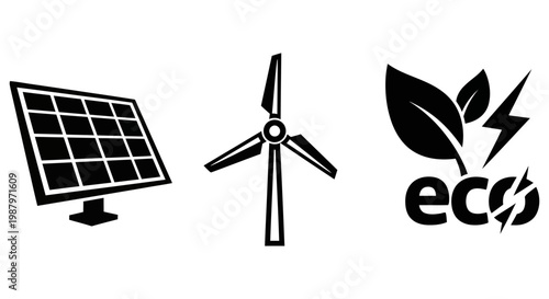 Renewable energy icons showing solar panels and wind turbine power sources