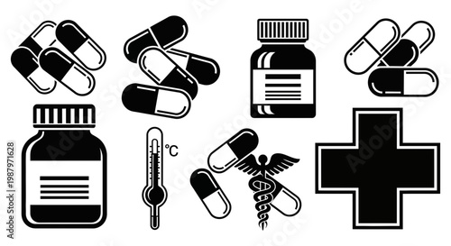 Black and white icons representing various essential medical and healthcare supplies