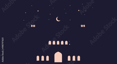 Vector illustration of a serene night with a stylized traditional building, crescent moon, and stars.