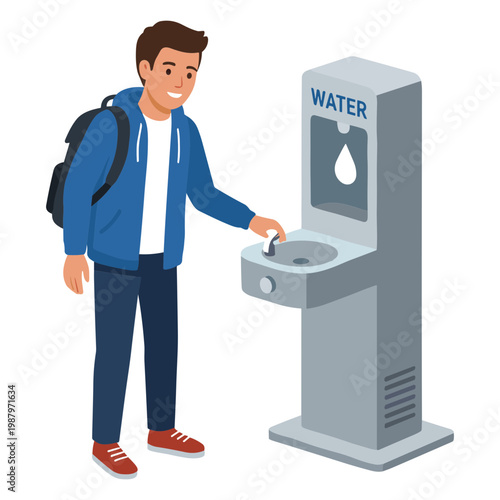Man refills water bottle at public drinking fountain outdoors