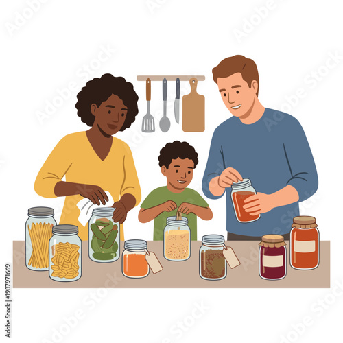 Family cooking together at home with food and jars on table