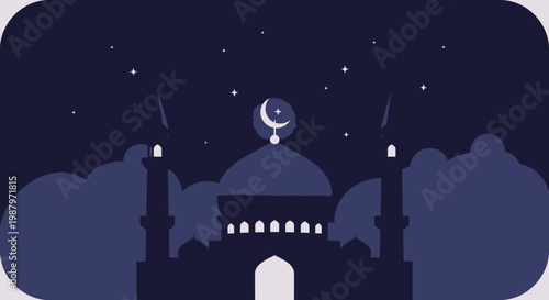 Islamic mosque silhouette at night with crescent moon and stars, spiritual prayer and worship vector illustration