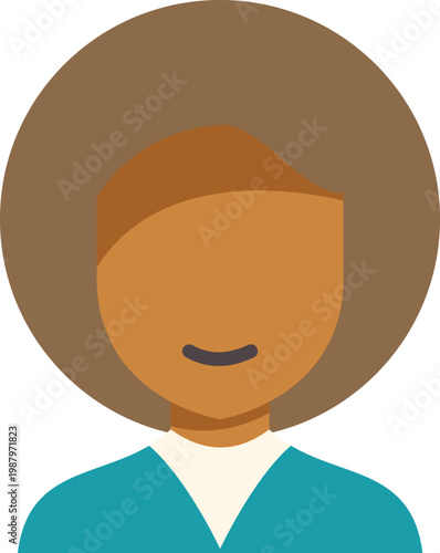 Digital user portrait displaying a flat illustration of a woman with dark skin and curly hair