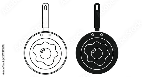 A pair of frying pans one outlined in white and the other solid black both containing fried eggs