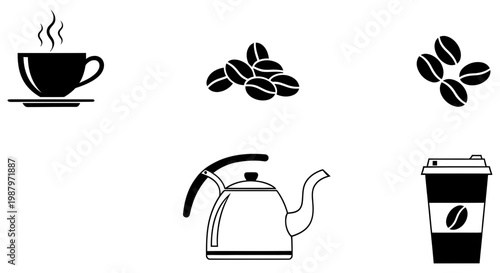 Simple black icons depicting various hot coffee beverages and beans