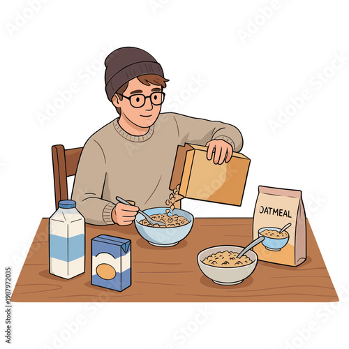 Man eating oatmeal with milk and eggs for breakfast at home