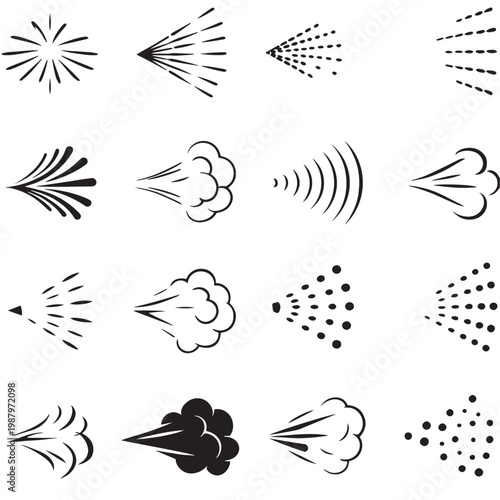 Minimalist spray icons set, black aerosol mist and steam cloud vector elements, 16 graphic spray symbols for cleaning and cosmetic products
