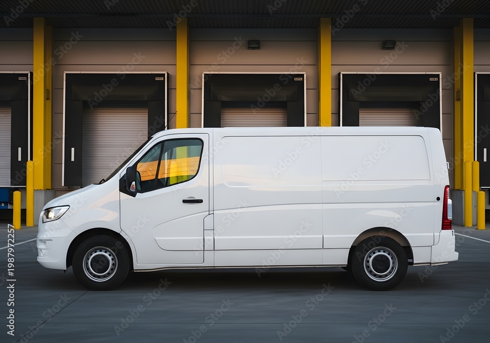 Fototapeta premium White blank commercial cargo delivery van parked in front of an industrial warehouse loading dock facility with yellow support pillars and shutter doors seen from the side profile.