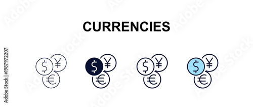 currencies multi-style outline icon set - business concept. Thin line, regular, filled, colored currencies icon