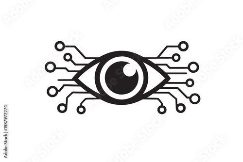 Cybernetic eye logo with circuit board lines, digital vision and artificial intelligence icon, futuristic biometric security vector illustration