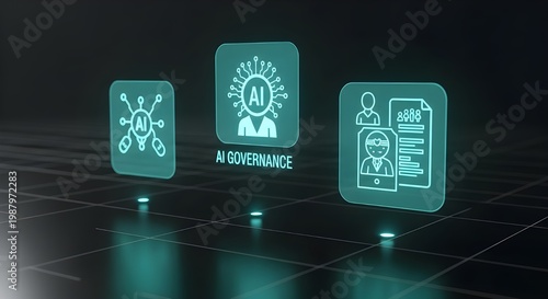 Interfaz azul neón futurista que muestra íconos de cumplimiento legal y ética de IA para la supervisión humana, estándares éticos, políticas corporativas y escalas regulatorias de justicia.