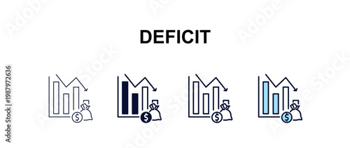 deficit multi-style outline icon set - business concept. Thin line, regular, filled, colored deficit icon