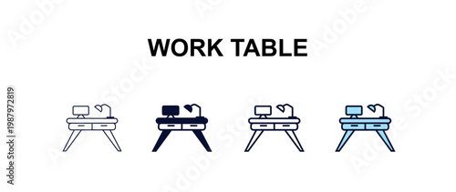 work table multi-style outline icon set - business concept. Thin line, regular, filled, colored work table icon