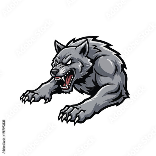 Gray wolf with sharp teeth growling.