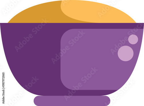 Purple bowl with a golden food filling on a white background