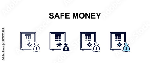 safe money multi-style outline icon set - business concept. Thin line, regular, filled, colored safe money icon