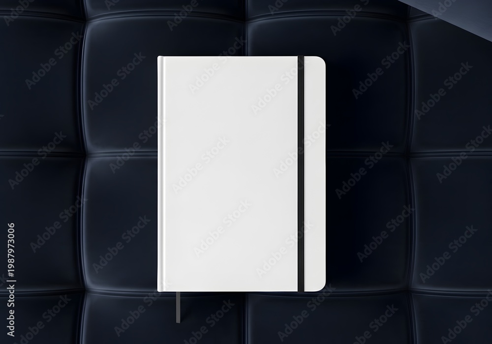 Fototapeta premium White hardcover notebook mockup with black elastic closure band placed on a dark blue tufted leather upholstery background, top down view of blank journal stationery.