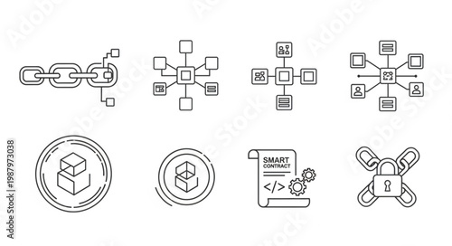 Blockchain technology icons and symbols for digital ledger systems.
